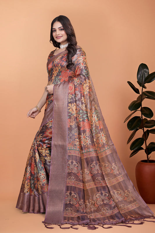 Lavender Soft Silk Saree With Copper Zari Border & Floral Pallu For Women