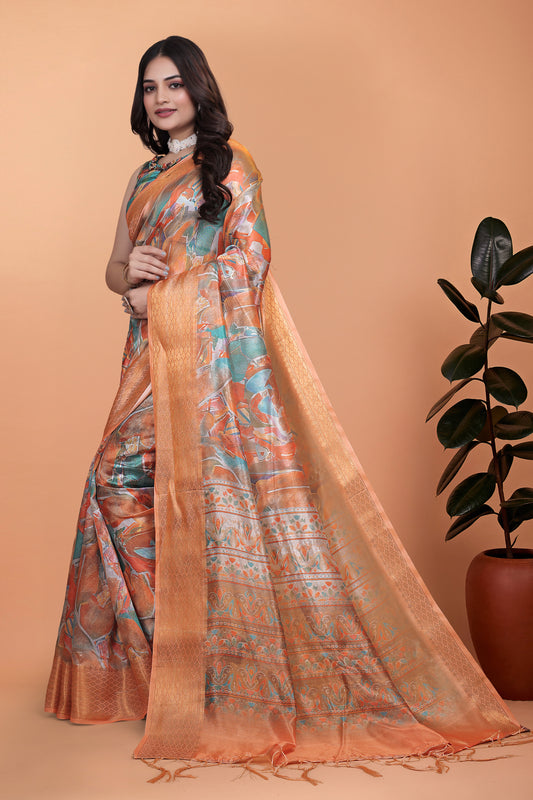 Orange & Copper Soft Silk Blend Saree With Zari Border And Printed Pallu For Women