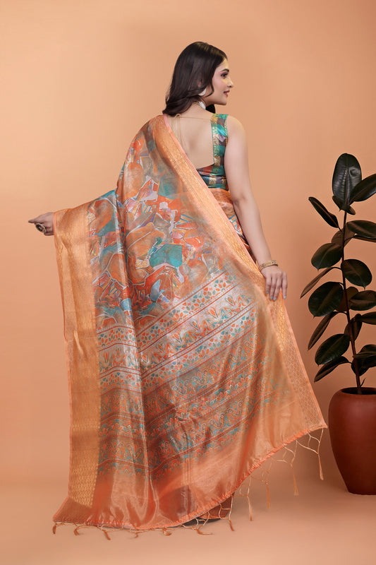 Orange & Copper Soft Silk Blend Saree With Zari Border And Printed Pallu For Women