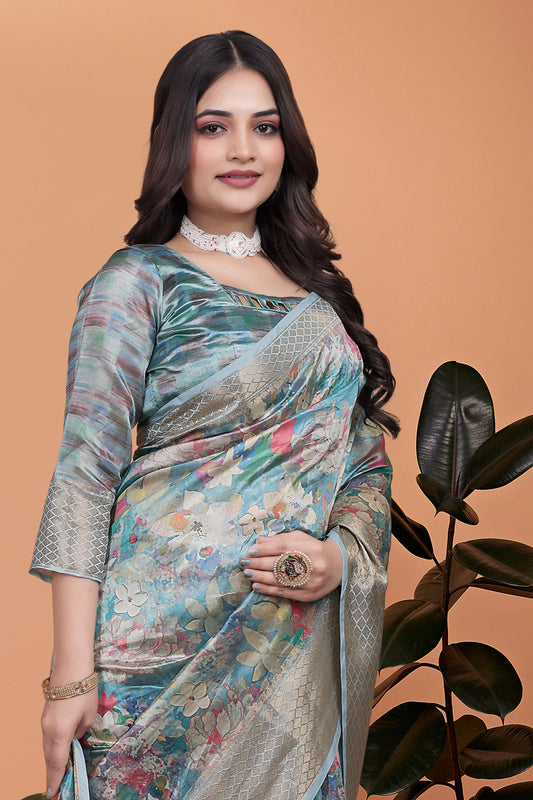 Sky Blue Floral Soft Silk Saree With Multicolor Pallu For Women