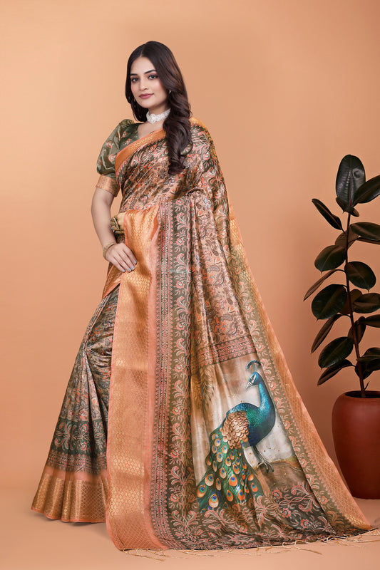 Bronze & Olive Green Soft Silk Saree With Majestic Peacock Pallu For Women