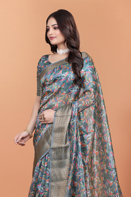 Grey & Multicolor Soft Silk Saree With Ethnic Pallu For Women