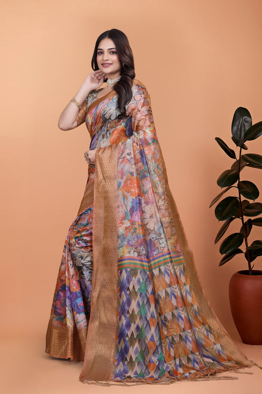 Soft Silk Blend Saree With Zari Border And Printed Pallu For Women