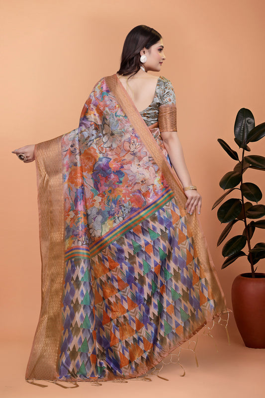 Soft Silk Blend Saree With Zari Border And Printed Pallu For Women