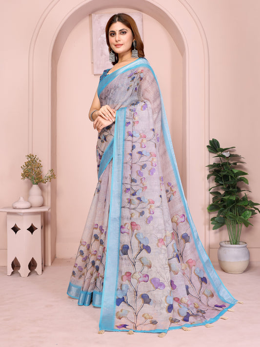 Elegant Linen Cotton Saree With Floral Prints For Women