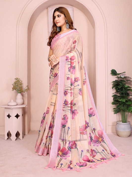 Elegant Linen Cotton Saree With Blooming Floral Design For Women