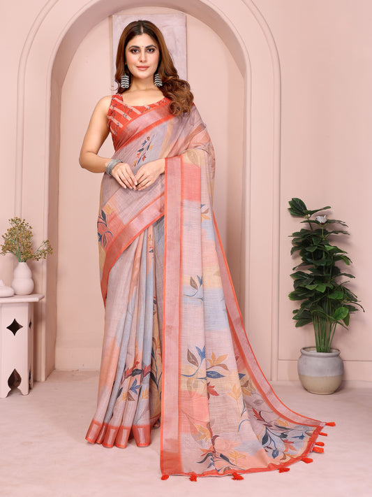 Elegant Linen Cotton Saree With Subtle Leaf Motifs For Women
