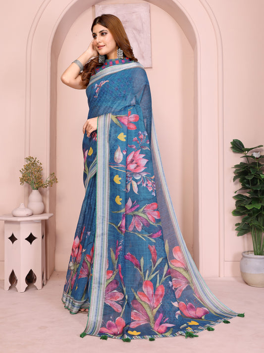 Elegant Linen Cotton Saree With Vibrant Floral Print For Women