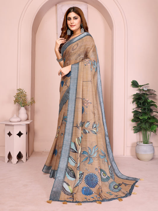 Elegant Linen Cotton Saree With Blue Floral Accents For Women