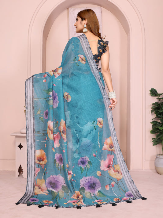 Teal Linen Cotton Saree With Multicolor Floral Prints For Women