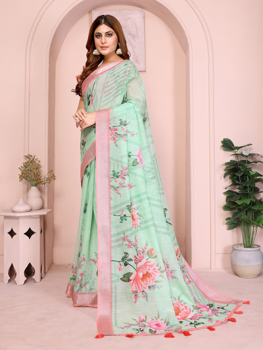 Refreshing Mint Green Linen Cotton Saree With Pink Floral Prints For Women