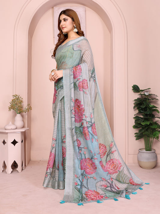 Elegant Grey-Blue Linen Cotton Saree With Bold Floral Prints For Women