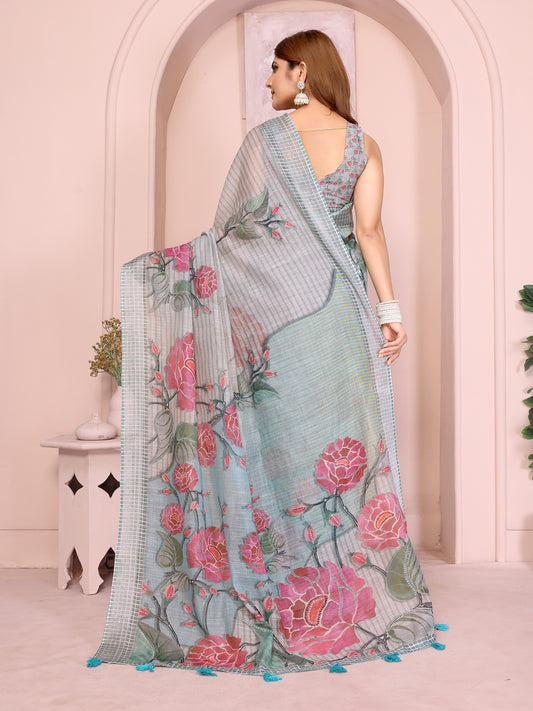 Elegant Grey-Blue Linen Cotton Saree With Bold Floral Prints For Women