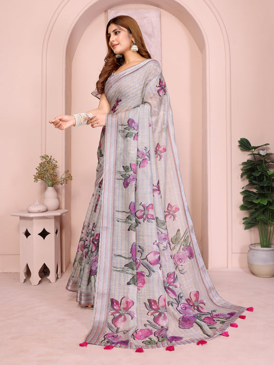 Soft Grey Linen Cotton Saree With Purple Floral Prints For Women