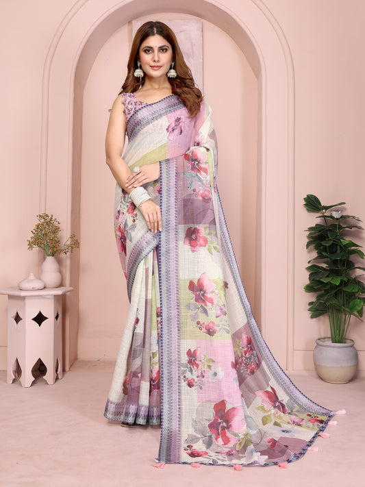 Pastel Multi-Tone Linen Cotton Saree With Artistic Floral Prints For Women