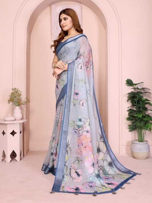 Elegant Steel Blue Linen Cotton Saree With Pastel Floral Prints For Women