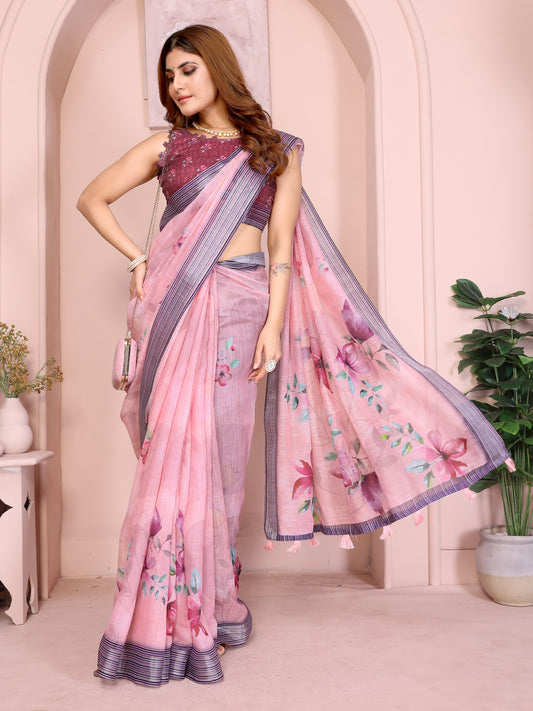 Soft Pink Linen Cotton Saree With Elegant Floral Prints For Women