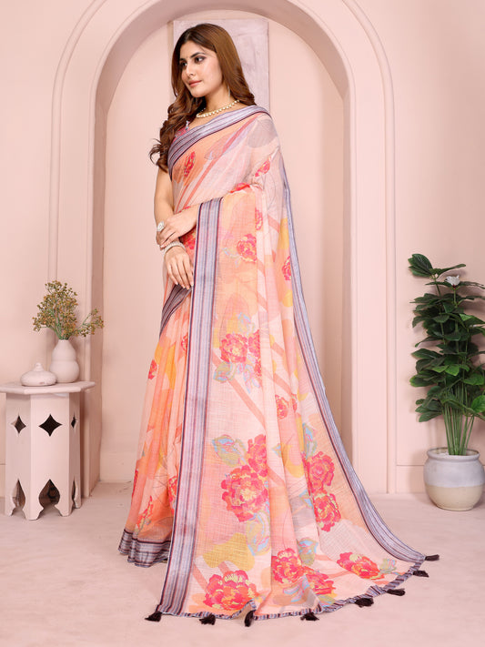 Peach Linen Cotton Saree With Bold Floral Prints For Women