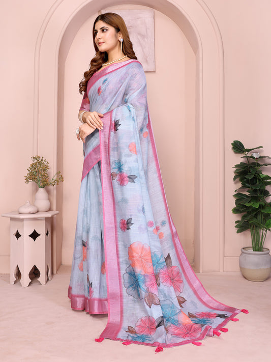 Sky Blue Linen Cotton Saree With Pastel Floral Prints For Women