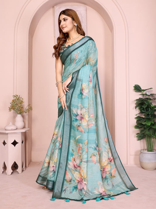 Teal Green Linen Cotton Saree With Watercolor Floral Prints For Women