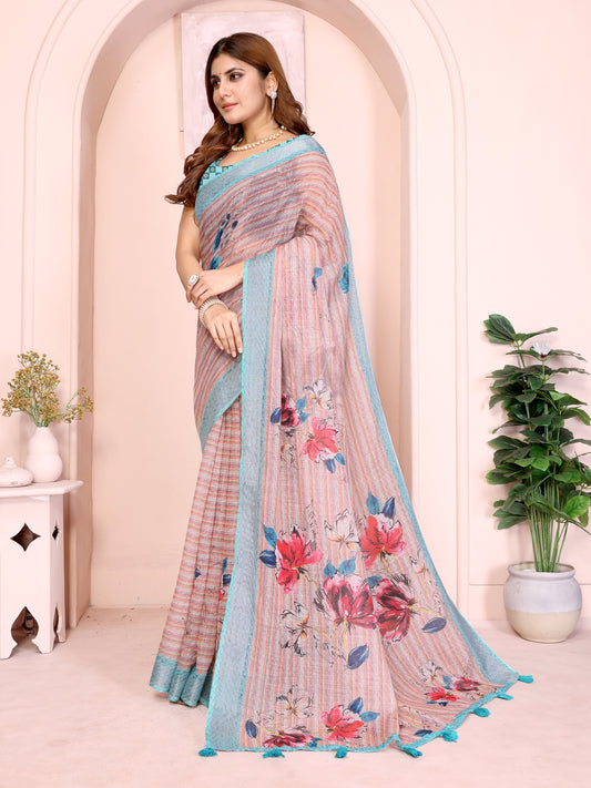 Elegant Linen Cotton Saree With Floral Print For Women
