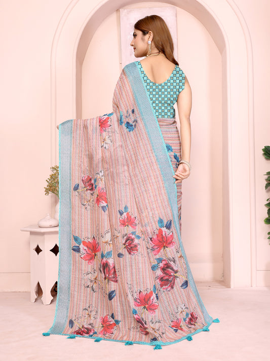 Elegant Linen Cotton Saree With Floral Print For Women