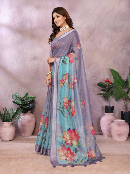 Aqua Blue Floral Printed Saree For Women