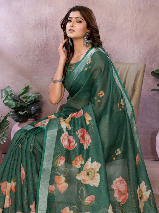 Green Floral Linen Shimmer Saree For Women