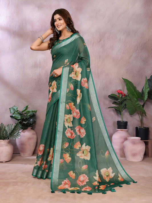 Green Floral Linen Shimmer Saree For Women