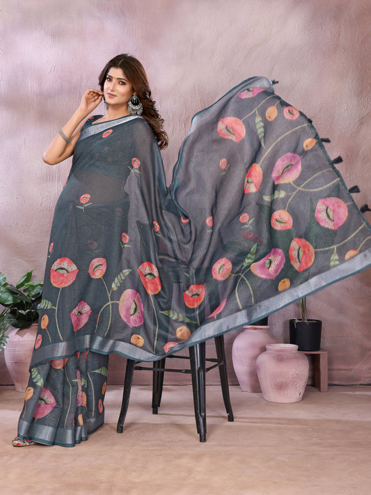 Grey Floral Linen Shimmer Saree For Women