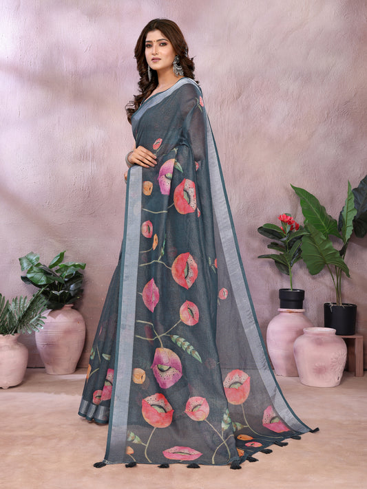 Grey Floral Linen Shimmer Saree For Women