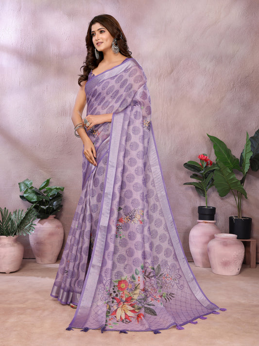 Lavender Floral Linen Shimmer Saree For Women