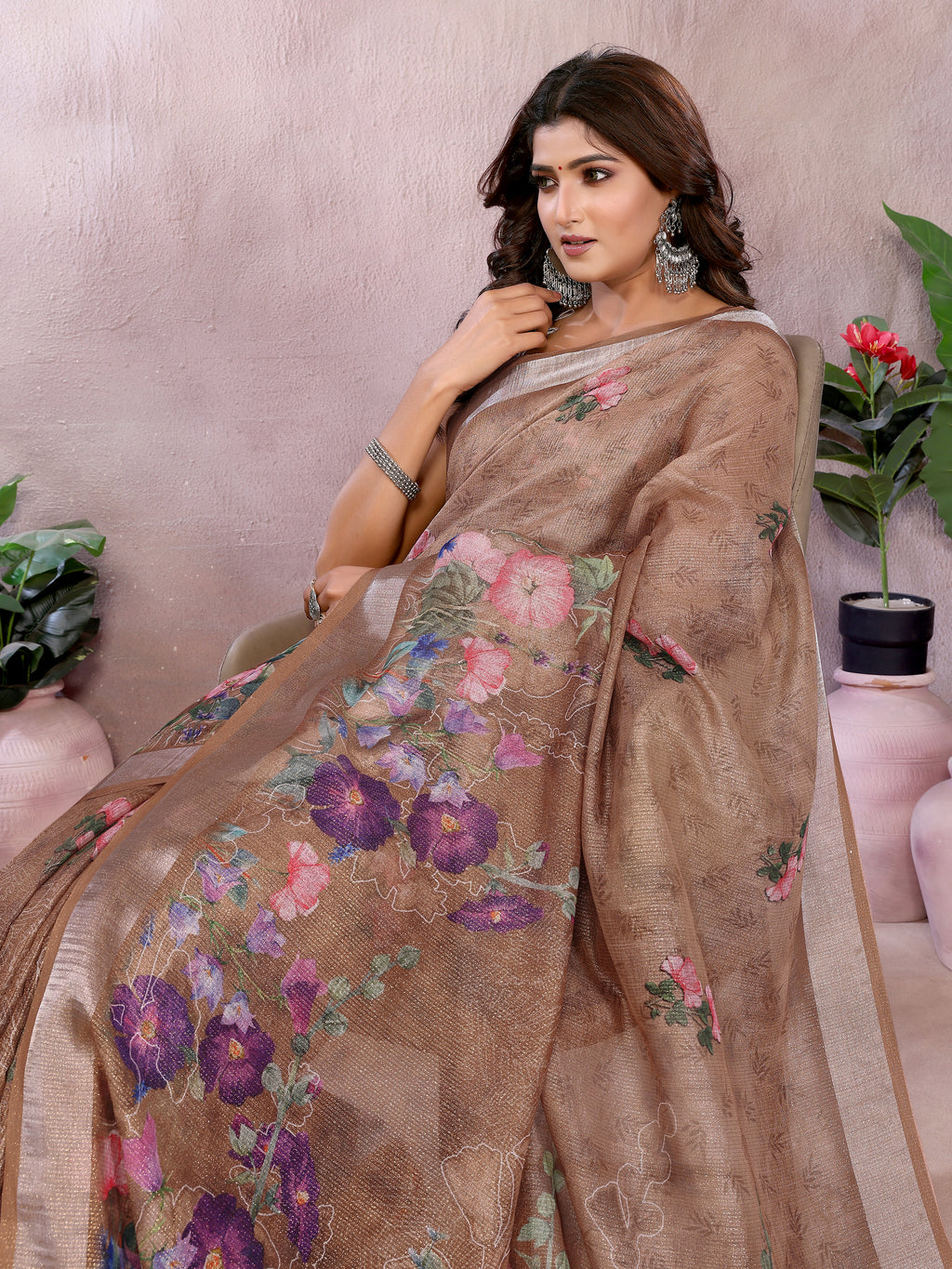 Coffee Brown Floral Linen Shimmer Saree