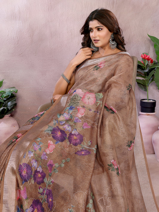Coffee Brown Floral Linen Shimmer Saree For Women