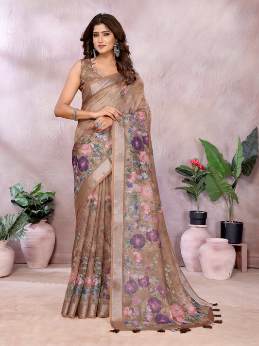 Coffee Brown Floral Linen Shimmer Saree For Women