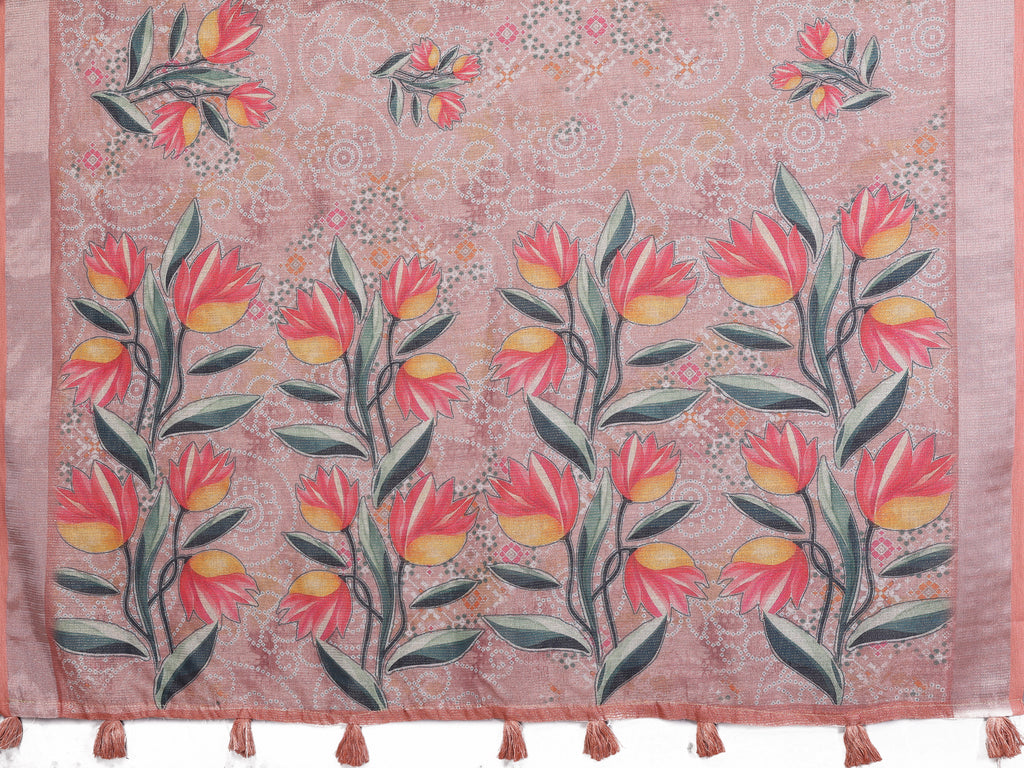 Peach Floral Print Linen Shimmer Saree