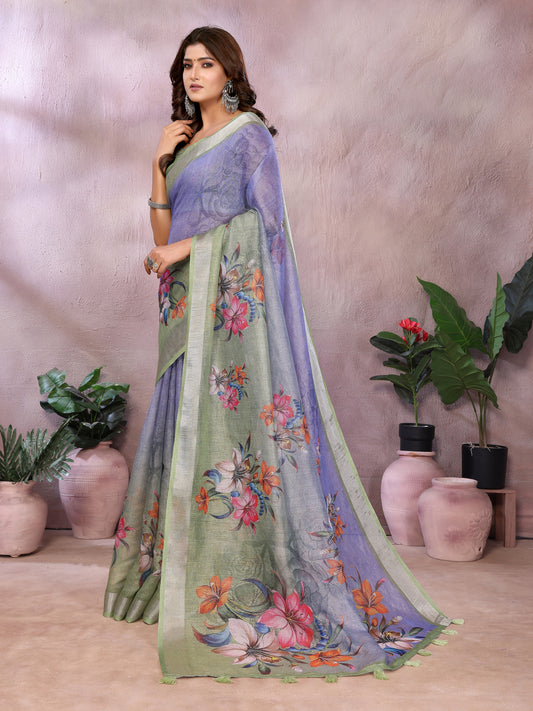 Lavender Green Floral Printed Saree For Women