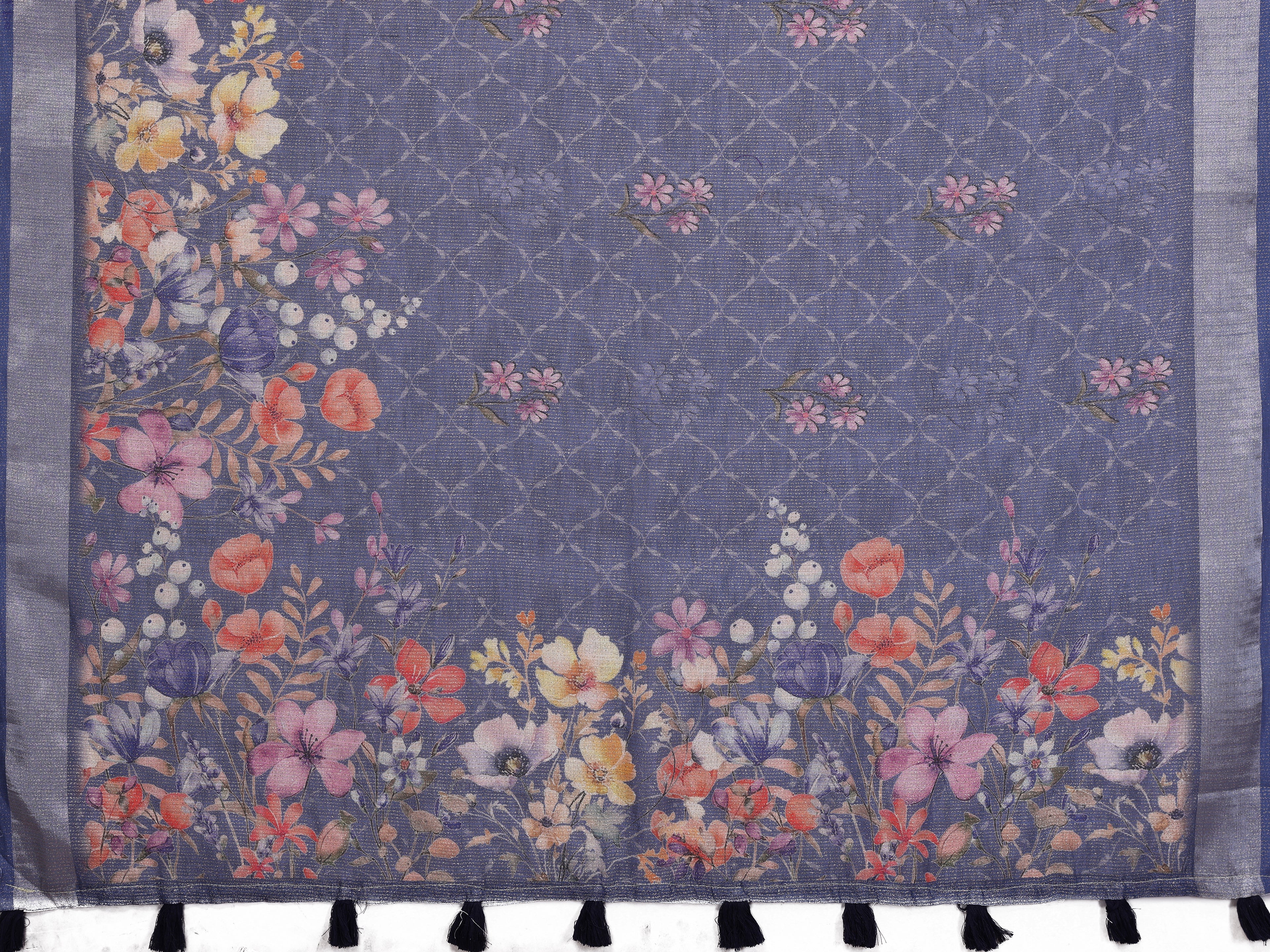Navy Blue Floral Linen Shimmer Saree