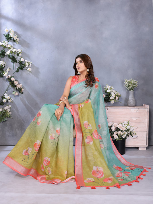 Green & Aqua Floral Print Linen Shimmer Saree For Women