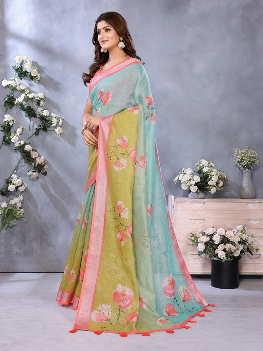 Green & Aqua Floral Print Linen Shimmer Saree For Women