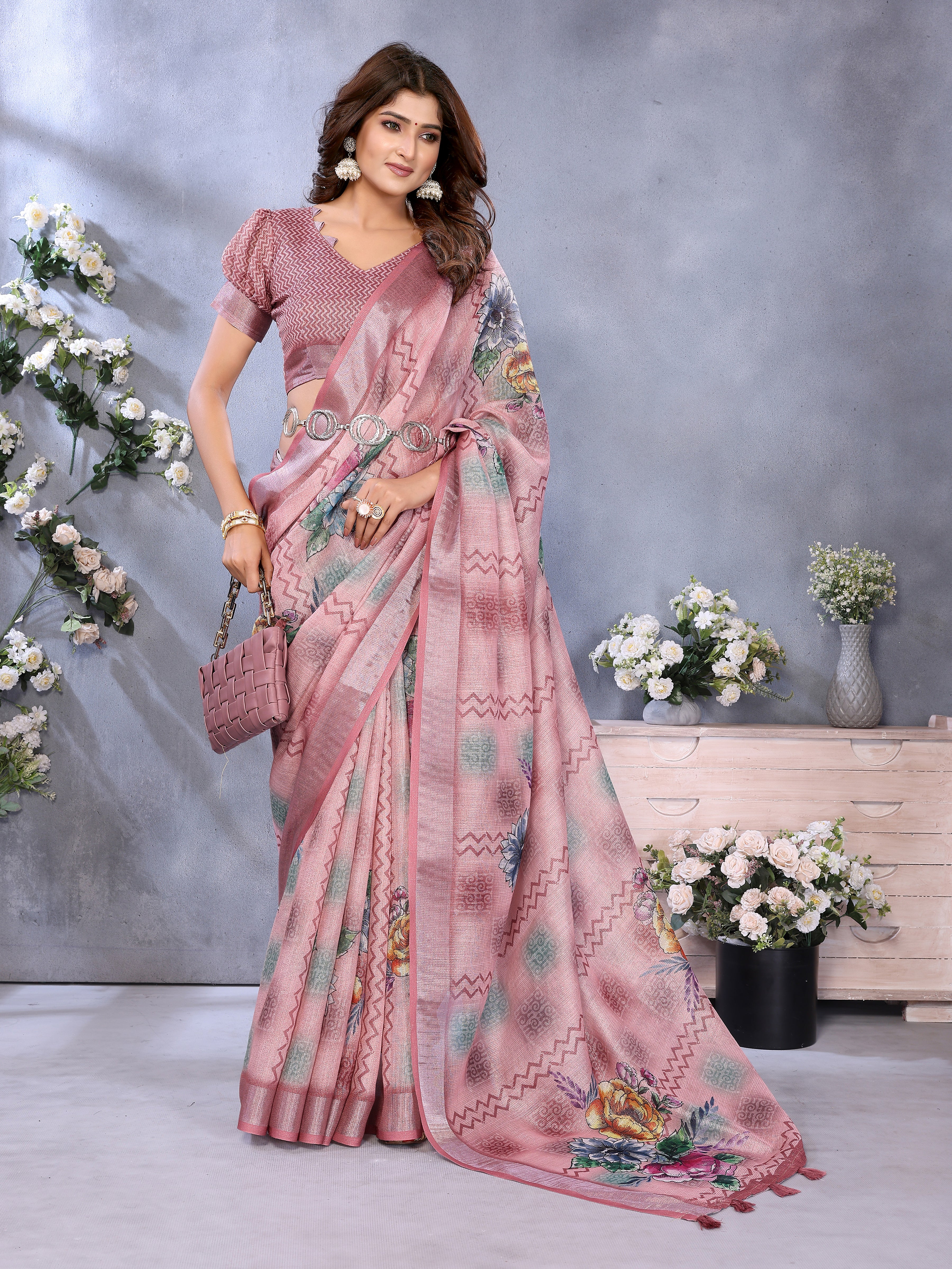 Light Pink Or Lavender Purple Floral Printed Saree