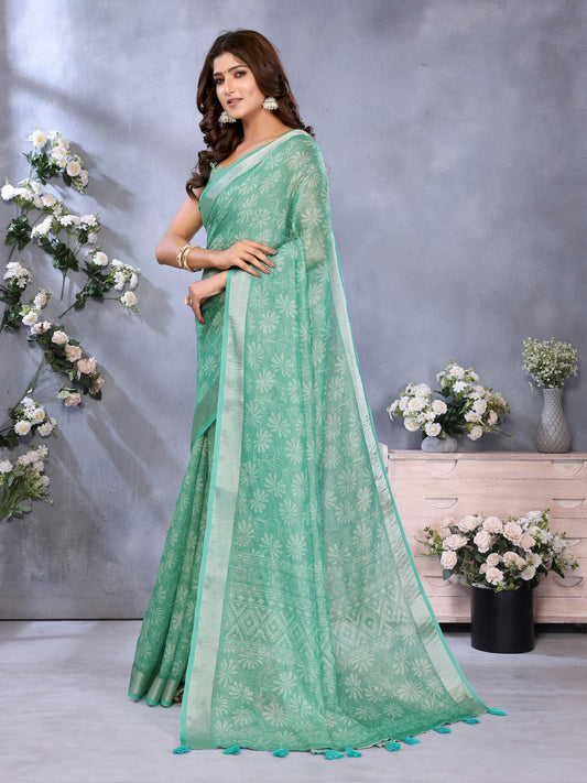 Sea Green Woven Pattern Saree For Women