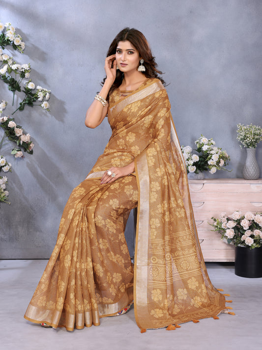 Golden Floral Woven Saree For Women