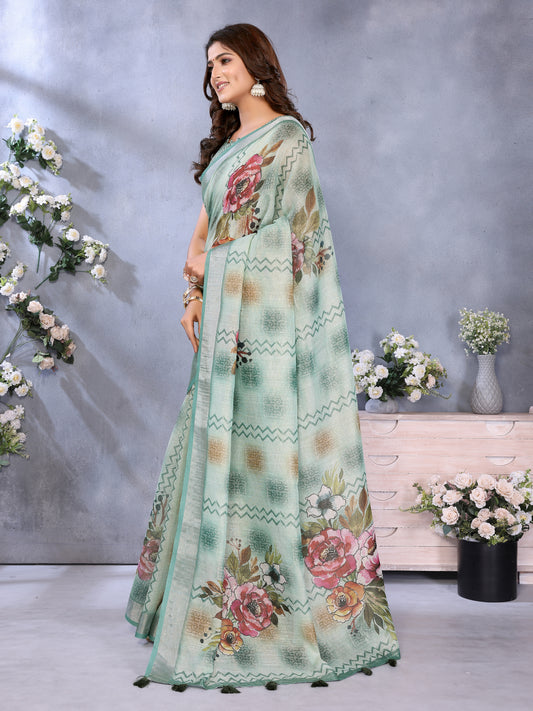 Mint Green Floral Printed Saree For Women