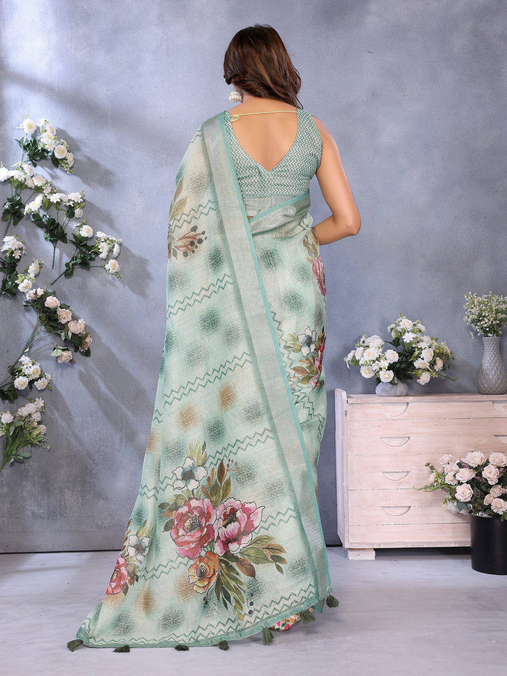 Mint Green Floral Printed Saree