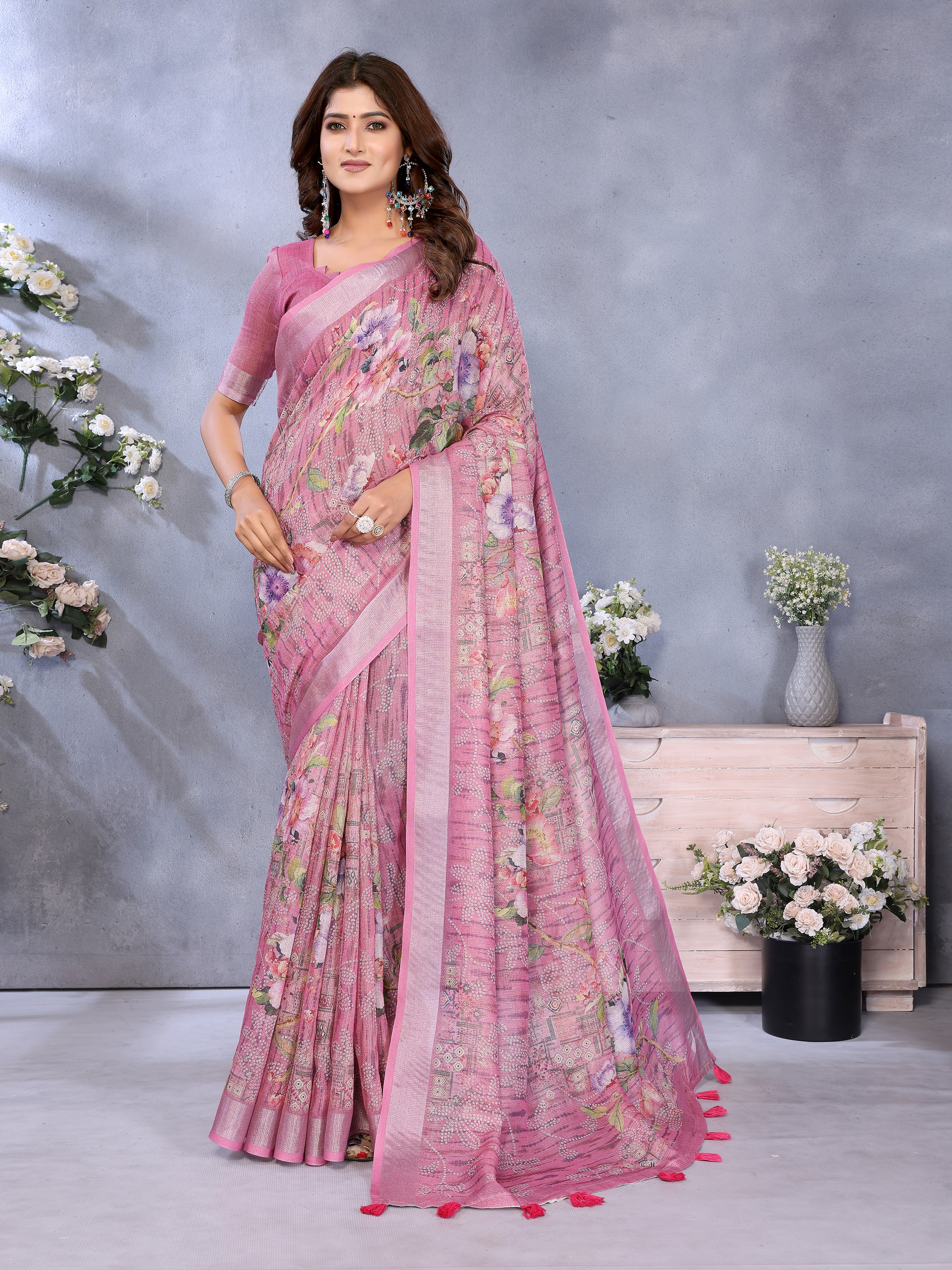 Rose Pink Floral Printed Saree