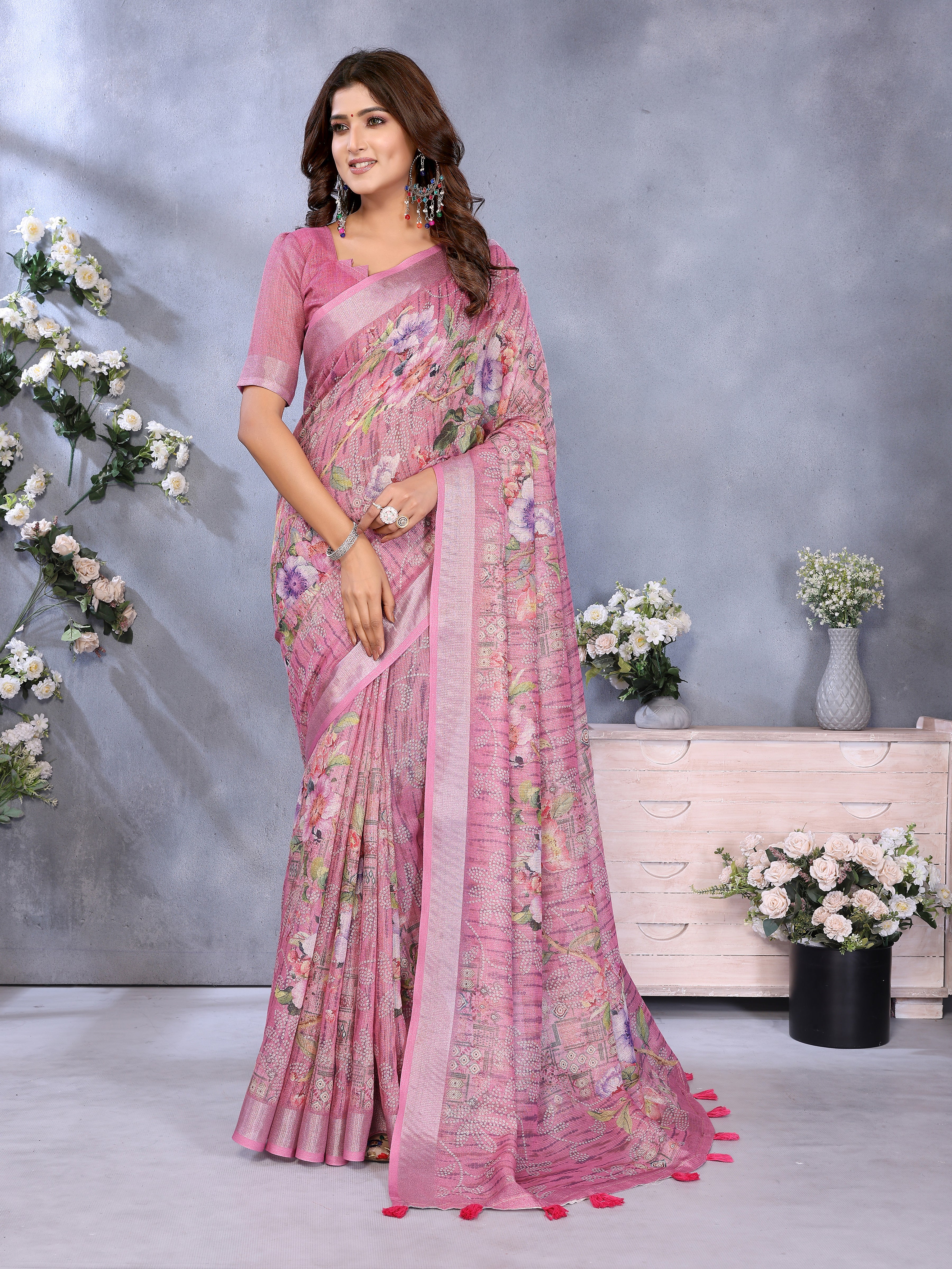 Rose Pink Floral Printed Saree