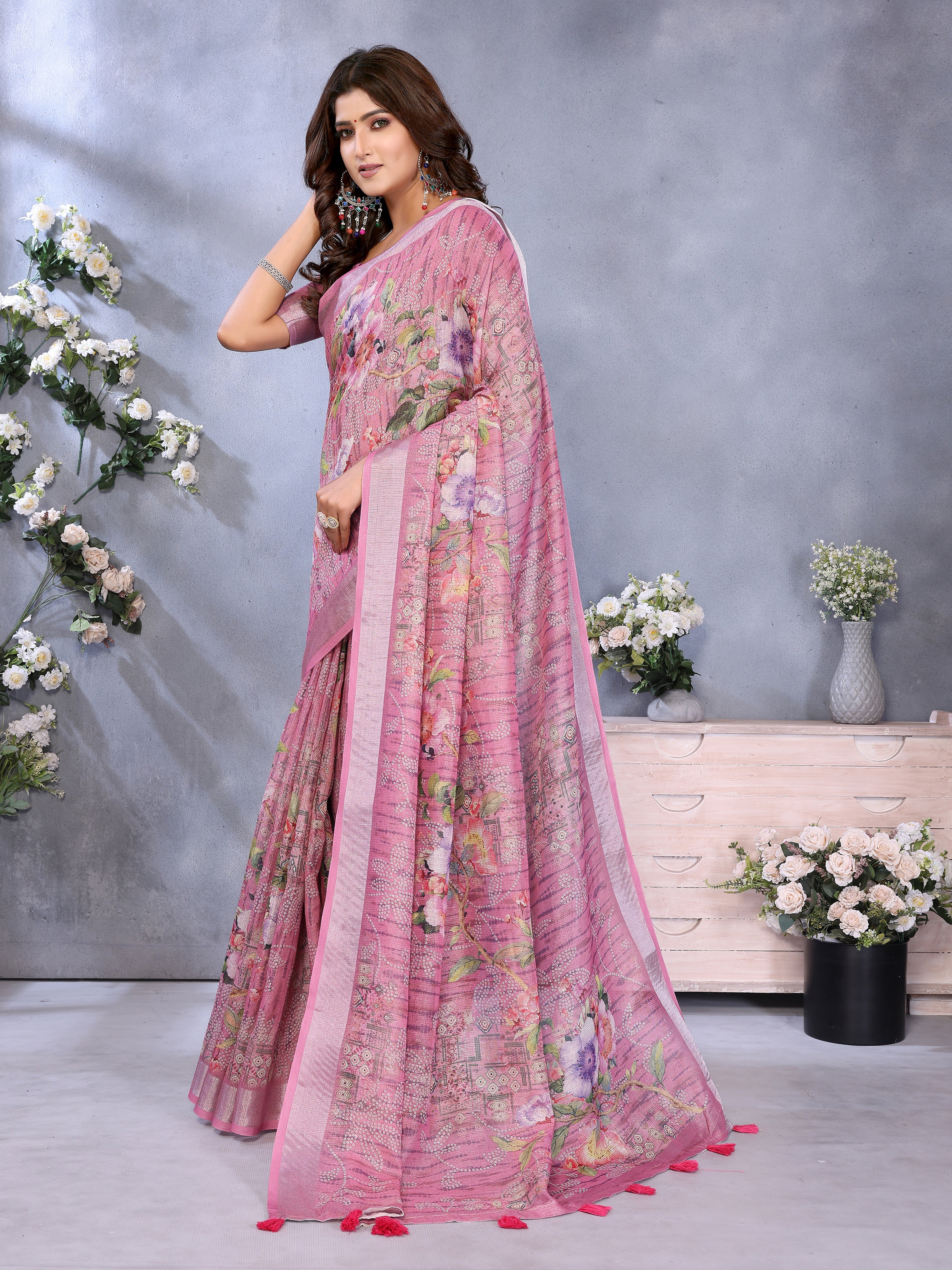 Rose Pink Floral Printed Saree