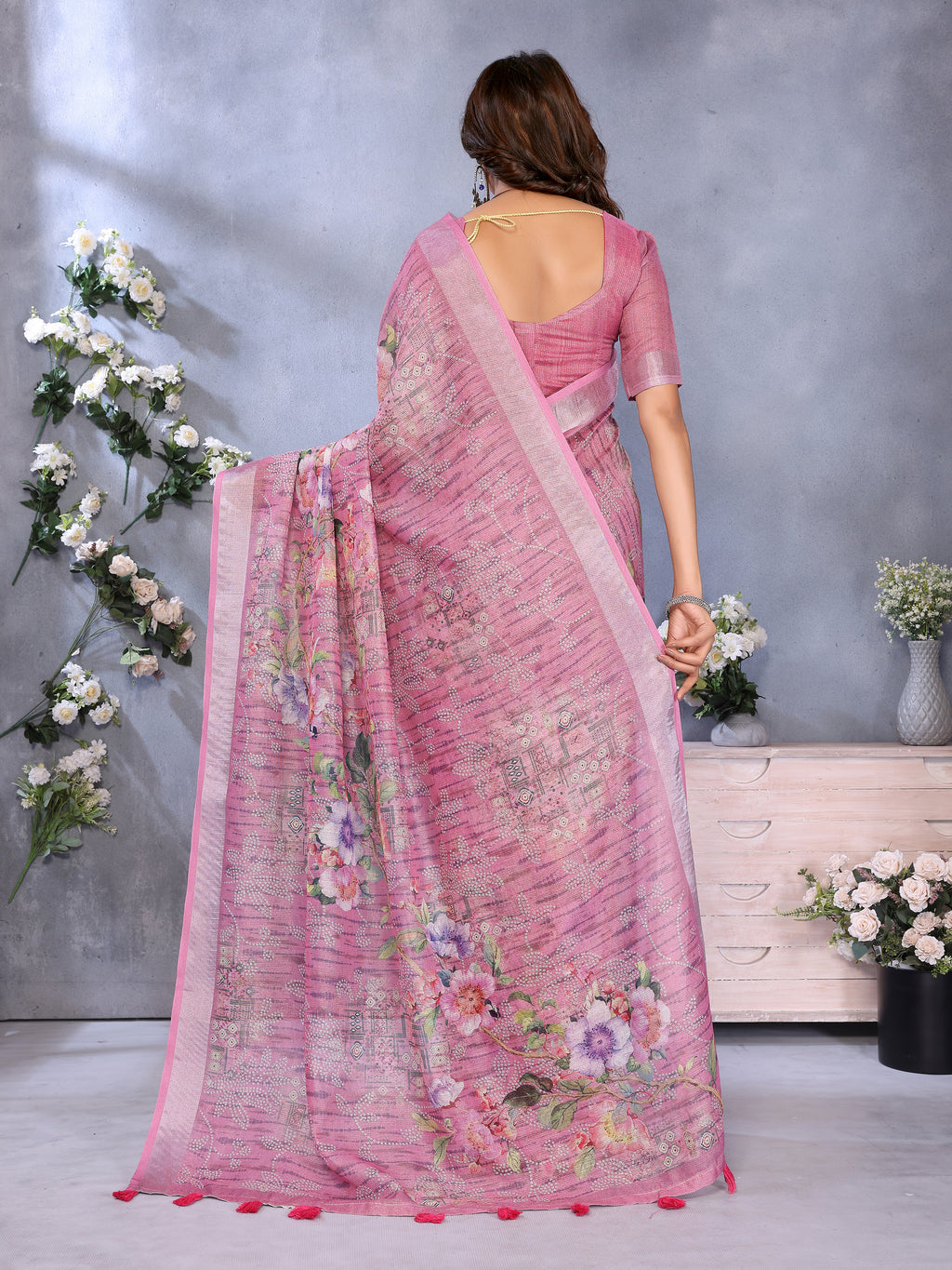 Rose Pink Floral Printed Saree