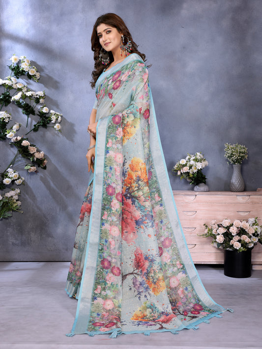 Sky Blue Multicolor Floral Print Linen Shimmer Saree For Women